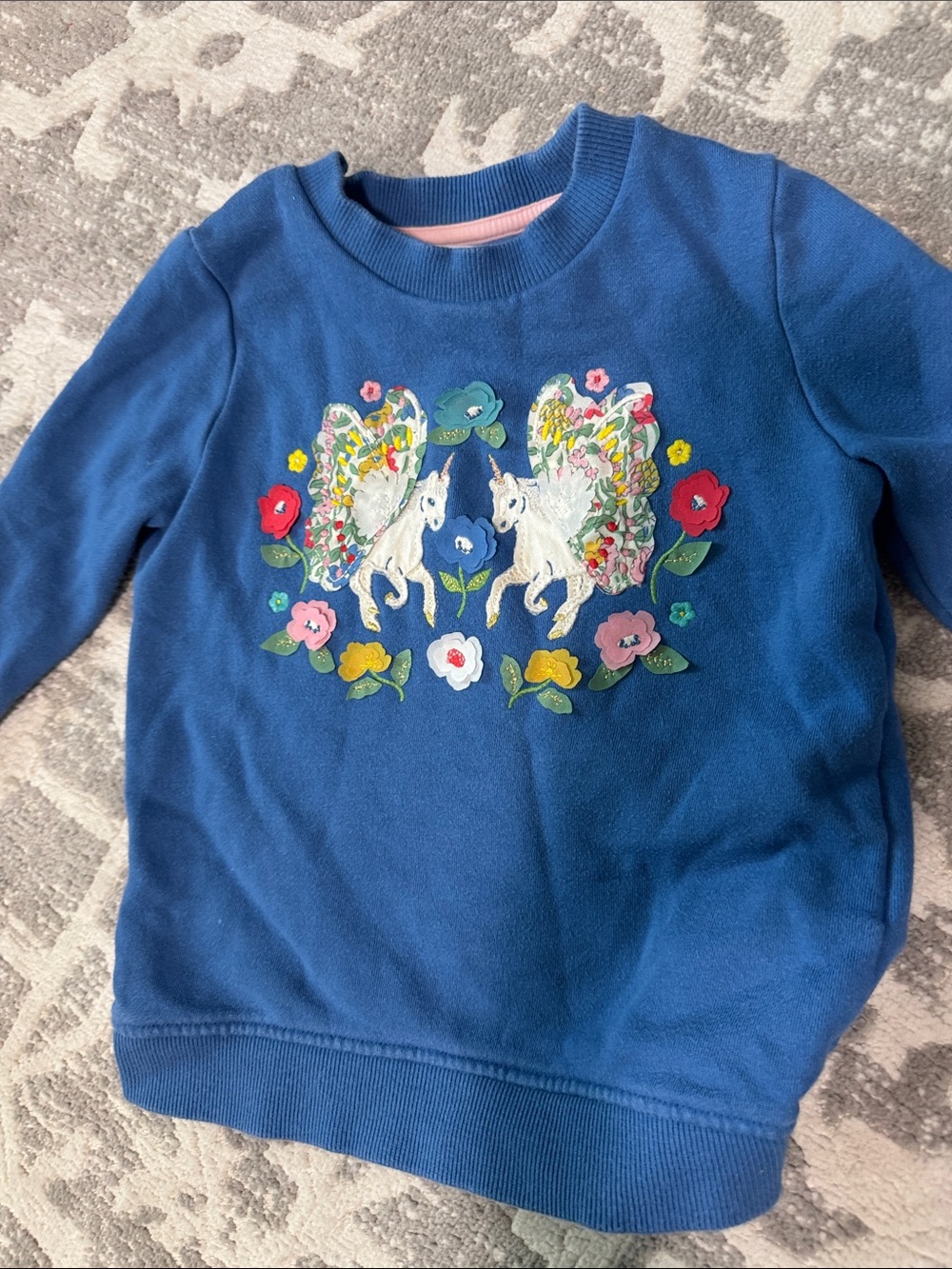 Mini Boden Blue Sweatshirt with Embroidered Unicorns & Flowers